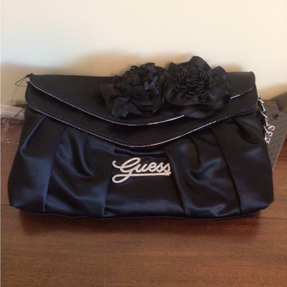 Guess Black Satin Floral Crossbody/Clutch Bag
